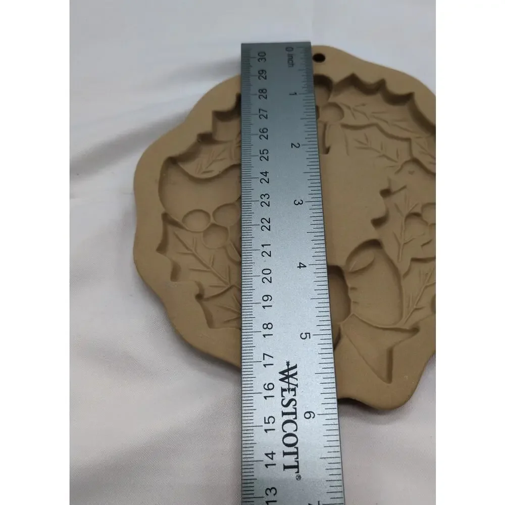 1988 Hill Design Brown Bag Cookie Art Holly Wreath Birds Stoneware Mold Vintage